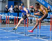 29 July 2023; Gerard O Donnell of Carrick-on-Shannon AC, Leitrim, and James Ezeonu of Leevale AC, Cork, compete in the men's 110m hurdles during day one of the 123.ie National Senior Outdoor Championships at Morton Stadium in Dublin. Photo by Stephen Marken/Sportsfile