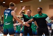 29 July 2023; Ireland assistant coaches Adrian Fulton, centre, and Lawrence Summers celebrate with Sean Flood of Ireland after he scored a basket during the FIBA Men's EuroBasket 2025 Qualifier match between Ireland and Croatia at National Basketball Arena in Dublin. Photo by Brendan Moran/Sportsfile