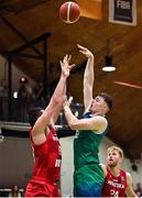 29 July 2023; Neal Quinn of Ireland scores a basket despite the efforts of Kresimir Ljubicic of Croatia during the FIBA Men's EuroBasket 2025 Qualifier match between Ireland and Croatia at National Basketball Arena in Dublin. Photo by Brendan Moran/Sportsfile