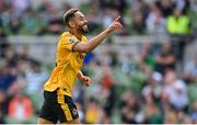 29 July 2023; Matheus Cunha of Wolverhampton Wanderers celebrates after scoring his side's first goal, a penalty, during the pre-season friendly match between Celtic and Wolverhampton Wanderers at the Aviva Stadium in Dublin. Photo by Seb Daly/Sportsfile