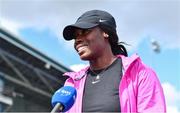 29 July 2023; Rhasidat Adeleke of Tallaght AC, Dublin, is interviewed by RTÉ during day one of the 123.ie National Senior Outdoor Championships at Morton Stadium in Dublin. Photo by Sam Barnes/Sportsfile