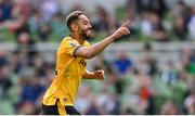 29 July 2023; Matheus Cunha of Wolverhampton Wanderers celebrates after scoring his side's first goal, a penalty, during the pre-season friendly match between Celtic and Wolverhampton Wanderers at the Aviva Stadium in Dublin. Photo by Seb Daly/Sportsfile
