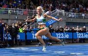 29 July 2023; Sarah Lavin of Emerald AC, Limerick, crosses the line to win women's 100m hurdles during day one of the 123.ie National Senior Outdoor Championships at Morton Stadium in Dublin. Photo by Sam Barnes/Sportsfile