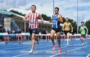 29 July 2023; Harry Purcell of Trim AC, Meath, left, and Andrew Coscoran of Star of the Sea AC, Meath, compete in the men's 800m during day one of the 123.ie National Senior Outdoor Championships at Morton Stadium in Dublin. Photo by Sam Barnes/Sportsfile