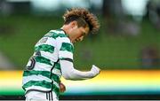 29 July 2023; Kyogo Furuhashi of Celtic celebrates after scoring his side's first goal during the pre-season friendly match between Celtic and Wolverhampton Wanderers at the Aviva Stadium in Dublin. Photo by Seb Daly/Sportsfile