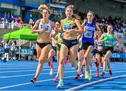 29 July 2023; Fiona Kehoe of Kilmore AC, Wexford, left, and Rachel Gibson of North Down AC, Down, lead the pack in the women's 1500m during day one of the 123.ie National Senior Outdoor Championships at Morton Stadium in Dublin. Photo by Stephen Marken/Sportsfile