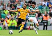 29 July 2023; Matheus Cunha of Wolverhampton Wanderers in action against Hyunjun Yang of Celtic during the pre-season friendly match between Celtic and Wolverhampton Wanderers at the Aviva Stadium in Dublin. Photo by Seb Daly/Sportsfile