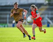 29 July 2023; Danielle Caldwell of Mayo in action against Lorraine Scanlon of Kerry during the TG4 LGFA All-Ireland Senior Championship semi-final match between Kerry and Mayo at Semple Stadium in Thurles, Tipperary. Photo by Piaras Ó Mídheach/Sportsfile