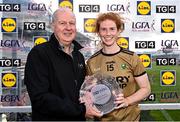 29 July 2023; Louise Ní Mhuircheartaigh of Kerry receives the Player of the Match award from Alan Esslemont, CEO TG4, after the TG4 LGFA All-Ireland Senior Championship semi-final match between Kerry and Mayo at Semple Stadium in Thurles, Tipperary. Photo by Piaras Ó Mídheach/Sportsfile