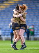 29 July 2023; Kerry players Louise Ní Mhuircheartaigh, right, and Erica McGlynn celebrate after their side's victory in the TG4 LGFA All-Ireland Senior Championship semi-final match between Kerry and Mayo at Semple Stadium in Thurles, Tipperary. Photo by Piaras Ó Mídheach/Sportsfile