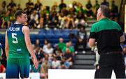 29 July 2023; CJ Fulton of Ireland, left, speaks to his father and Ireland assistant coach Adrian Fulton during the FIBA Men's EuroBasket 2025 Qualifier match between Ireland and Croatia at National Basketball Arena in Dublin. Photo by Brendan Moran/Sportsfile