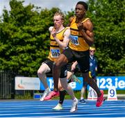 29 July 2023; Jack Mcgrath, left, and James Ezeonu of Leevale AC, Cork, compete in the men's  200m during day one of the 123.ie National Senior Outdoor Championships at Morton Stadium in Dublin. Photo by Stephen Marken/Sportsfile
