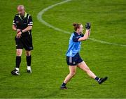 29 July 2023; Lauren Magee of Dublin celebrates as referee Jonathan Murphy blows the full-time whistle after the TG4 LGFA All-Ireland Senior Championship semi-final match between Dublin and Cork at Semple Stadium in Thurles, Tipperary. Photo by Piaras Ó Mídheach/Sportsfile