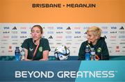30 July 2023; Megan Connolly and manager Vera Pauw during a Republic of Ireland press conference at Brisbane Stadium in Brisbane, Australia, ahead of their final Group B match of the FIFA Women's World Cup 2023, against Nigeria. Photo by Stephen McCarthy/Sportsfile