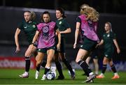 30 July 2023; Katie McCabe with Louise Quinn, left, and Niamh Fahey during a Republic of Ireland training session at Spencer Park in Brisbane, Australia, ahead of their final Group B match of the FIFA Women's World Cup 2023, against Nigeria. Photo by Stephen McCarthy/Sportsfile