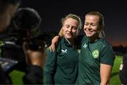 30 July 2023; Amber Barrett, left, and Ruesha Littlejohn record a piece to camera with Video creator Cara Gaynor during a Republic of Ireland training session at Spencer Park in Brisbane, Australia, ahead of their final Group B match of the FIFA Women's World Cup 2023, against Nigeria. Photo by Stephen McCarthy/Sportsfile