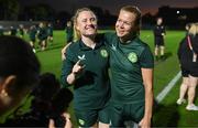 30 July 2023; Amber Barrett, left, and Ruesha Littlejohn record a piece to camera with Video creator Cara Gaynor during a Republic of Ireland training session at Spencer Park in Brisbane, Australia, ahead of their final Group B match of the FIFA Women's World Cup 2023, against Nigeria. Photo by Stephen McCarthy/Sportsfile