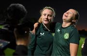 30 July 2023; Amber Barrett, left, and Ruesha Littlejohn record a piece to camera with Video creator Cara Gaynor during a Republic of Ireland training session at Spencer Park in Brisbane, Australia, ahead of their final Group B match of the FIFA Women's World Cup 2023, against Nigeria. Photo by Stephen McCarthy/Sportsfile