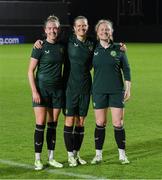 30 July 2023; Republic of Ireland players, from left, Claire O'Riordan, Diane Caldwell and Amber Barrett during a Republic of Ireland training session at Spencer Park in Brisbane, Australia, ahead of their final Group B match of the FIFA Women's World Cup 2023, against Nigeria. Photo by Stephen McCarthy/Sportsfile