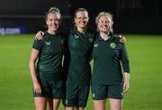30 July 2023; Republic of Ireland players, from left, Claire O'Riordan, Diane Caldwell and Amber Barrett during a Republic of Ireland training session at Spencer Park in Brisbane, Australia, ahead of their final Group B match of the FIFA Women's World Cup 2023, against Nigeria. Photo by Stephen McCarthy/Sportsfile