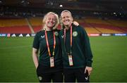 30 July 2023; Amber Barrett, left, and Diane Caldwell during a Republic of Ireland stadium familiarisation at Brisbane Stadium in Brisbane, Australia, ahead of their final Group B match of the FIFA Women's World Cup 2023, against Nigeria. Photo by Stephen McCarthy/Sportsfile