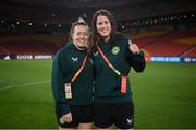 30 July 2023; Harriet Scott, left, and Niamh Fahey during a Republic of Ireland stadium familiarisation at Brisbane Stadium in Brisbane, Australia, ahead of their final Group B match of the FIFA Women's World Cup 2023, against Nigeria. Photo by Stephen McCarthy/Sportsfile