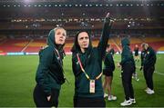 30 July 2023; Goalkeeper Grace Moloney, left, and Katie McCabe during a Republic of Ireland stadium familiarisation at Brisbane Stadium in Brisbane, Australia, ahead of their final Group B match of the FIFA Women's World Cup 2023, against Nigeria. Photo by Stephen McCarthy/Sportsfile