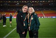 30 July 2023; Megan Connolly, left, and Denise O'Sullivan during a Republic of Ireland stadium familiarisation at Brisbane Stadium in Brisbane, Australia, ahead of their final Group B match of the FIFA Women's World Cup 2023, against Nigeria. Photo by Stephen McCarthy/Sportsfile