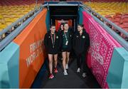 30 July 2023; Republic of Ireland players, from left, Abbie Larkin, Kyra Carusa and Sinead Farrelly during a Republic of Ireland stadium familiarisation at Brisbane Stadium in Brisbane, Australia, ahead of their final Group B match of the FIFA Women's World Cup 2023, against Nigeria. Photo by Stephen McCarthy/Sportsfile