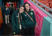 30 July 2023; Jamie Finn, left, and Heather Payne during a Republic of Ireland stadium familiarisation at Brisbane Stadium in Brisbane, Australia, ahead of their final Group B match of the FIFA Women's World Cup 2023, against Nigeria. Photo by Stephen McCarthy/Sportsfile