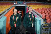 30 July 2023; Ciara Grant and Claire O'Riordan during a Republic of Ireland stadium familiarisation at Brisbane Stadium in Brisbane, Australia, ahead of their final Group B match of the FIFA Women's World Cup 2023, against Nigeria. Photo by Stephen McCarthy/Sportsfile