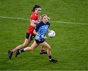 29 July 2023; Caoimhe O'Connor of Dublin in action against Hannah Looney of Cork during the TG4 LGFA All-Ireland Senior Championship semi-final match between Dublin and Cork at Semple Stadium in Thurles, Tipperary. Photo by Piaras Ó Mídheach/Sportsfile