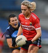29 July 2023; Katie Quirke of Cork in action against Leah Caffrey of Dublin during the TG4 LGFA All-Ireland Senior Championship semi-final match between Dublin and Cork at Semple Stadium in Thurles, Tipperary. Photo by Piaras Ó Mídheach/Sportsfile