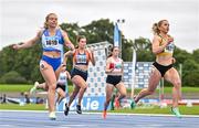 30 July 2023; Molly Scott of St Laurence O'Toole AC, Carlow, left, and Joan Healy of Leevale AC, Cork, right, compete in the women's 100m during day two of the 123.ie National Senior Outdoor Championships at Morton Stadium in Dublin. Photo by Sam Barnes/Sportsfile