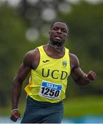 30 July 2023; Israel Olatunde of UCD AC, Dublin, competes in the men's 100m during day two of the 123.ie National Senior Outdoor Championships at Morton Stadium in Dublin. Photo by Stephen Marken/Sportsfile