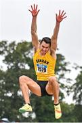 30 July 2023; Shane Howard of Bandon AC, Cork, competes in the men's long jump during day two of the 123.ie National Senior Outdoor Championships at Morton Stadium in Dublin. Photo by Sam Barnes/Sportsfile