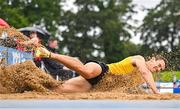 30 July 2023; Shane Howard of Bandon AC, Cork, competes in the men's long jump during day two of the 123.ie National Senior Outdoor Championships at Morton Stadium in Dublin. Photo by Sam Barnes/Sportsfile