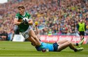 30 July 2023; Gavin White of Kerry evades Dublin's Paddy Small during the GAA Football All-Ireland Senior Championship final match between Dublin and Kerry at Croke Park in Dublin. Photo by Seb Daly/Sportsfile