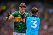 30 July 2023; David Clifford of Kerry and Michael Fitzsimons of Dublin during the GAA Football All-Ireland Senior Championship final match between Dublin and Kerry at Croke Park in Dublin. Photo by Ramsey Cardy/Sportsfile