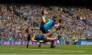 30 July 2023; Lee Gannon of Dublin collides with Kerry goalkeeper Shane Ryan during the GAA Football All-Ireland Senior Championship final match between Dublin and Kerry at Croke Park in Dublin. Photo by Seb Daly/Sportsfile