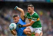 30 July 2023; Brian Howard of Dublin in action against Graham O'Sullivan of Kerry during the GAA Football All-Ireland Senior Championship final match between Dublin and Kerry at Croke Park in Dublin. Photo by David Fitzgerald/Sportsfile