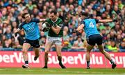 30 July 2023; Jack Barry of Kerry is tackled by Dublin players from left Michael Fitzsimons and David Byrne during the GAA Football All-Ireland Senior Championship final match between Dublin and Kerry at Croke Park in Dublin. Photo by Brendan Moran/Sportsfile