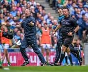 30 July 2023; Dublin medics are refused entry to the pitch by referee David Gough after a collision between Lee Gannon of Dublin and Kerry goalkeeper Shane Ryan during the GAA Football All-Ireland Senior Championship final match between Dublin and Kerry at Croke Park in Dublin. Photo by Piaras Ó Mídheach/Sportsfile