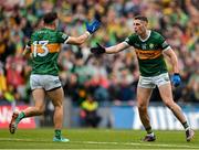 30 July 2023; Paul Geaney of Kerry right, celebrates with his teamate Paudie Clifford after scoring his side's first goal during the GAA Football All-Ireland Senior Championship final match between Dublin and Kerry at Croke Park in Dublin. Photo by Brendan Moran/Sportsfile