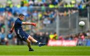 30 July 2023; Dublin goalkeeper Stephen Cluxton scores a point for his side during the GAA Football All-Ireland Senior Championship final match between Dublin and Kerry at Croke Park in Dublin. Photo by Eóin Noonan/Sportsfile