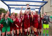 30 July 2023; Galway District League captain Niamh Donovan lifts the cup after the FAI Women's U19 Inter-League Cup match between North Tipperary Schoolchildrens Football League and Galway District League at Jackman Park in Limerick. Photo by Michael P Ryan/Sportsfile