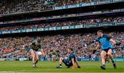 30 July 2023; Paul Geaney of Kerry evades the tackle of Dublin goalkeeper Stephen Cluxton on his way to scoring his side's first goal during the GAA Football All-Ireland Senior Championship final match between Dublin and Kerry at Croke Park in Dublin. Photo by Ramsey Cardy/Sportsfile