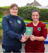 30 July 2023; Abby Kavanagh of Galway District League is presented with the player of the match award by FAI development officer Tracy Gleeso during the FAI Women's U19 Inter-League Cup match between North Tipperary Schoolchildrens Football League and Galway District League at Jackman Park in Limerick. Photo by Michael P Ryan/Sportsfile