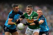 30 July 2023; Graham O'Sullivan of Kerry is tackled by Dublin players James McCarthy, left, and Ciaran Kilkenny during the GAA Football All-Ireland Senior Championship final match between Dublin and Kerry at Croke Park in Dublin. Photo by Brendan Moran/Sportsfile