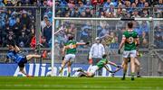 30 July 2023; Con O'Callaghan of Dublin, left, hits the crossbar with a shot on goal in the 41st minute during the GAA Football All-Ireland Senior Championship final match between Dublin and Kerry at Croke Park in Dublin. Photo by Piaras Ó Mídheach/Sportsfile